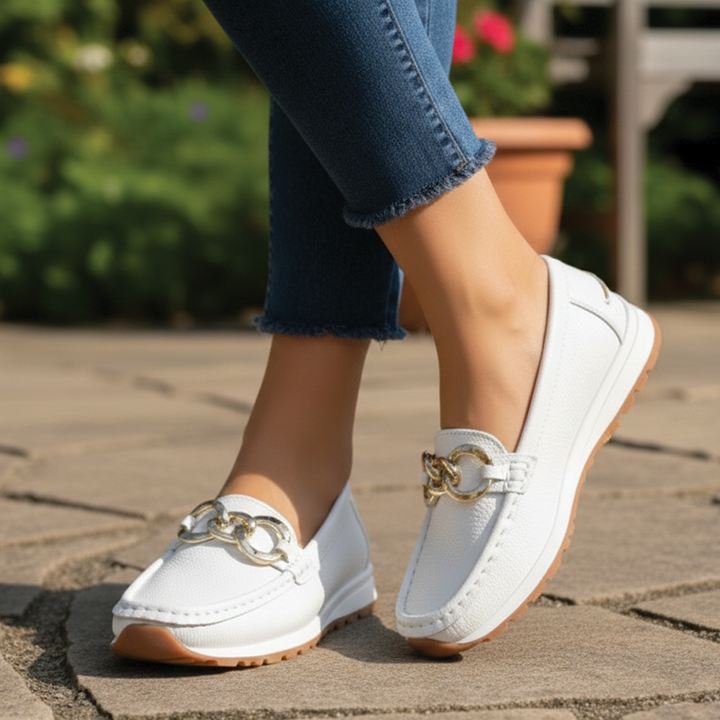 Versatile women's flat buckle loafers. Comfortable slip-on shoes for casual, office, and everyday fashion.