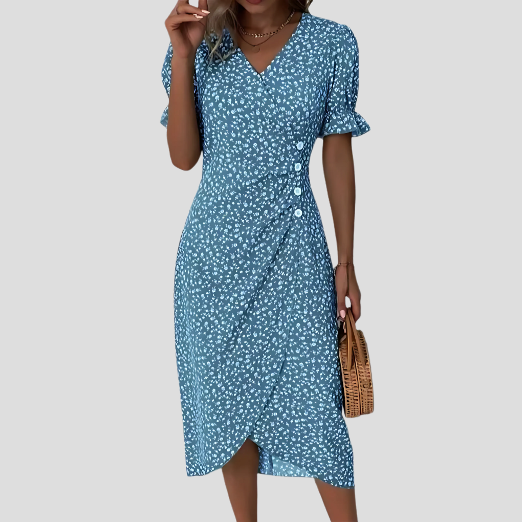 Chic women's floral midi dress with button front, V-neck, and puff sleeves. Perfect for summer casual or elegant style.
