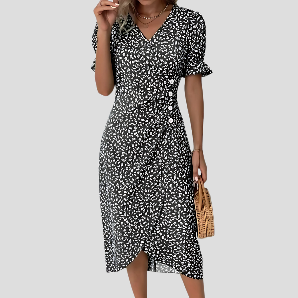 Elegant A-line women's floral midi dress with button front & puff sleeves. Perfect for summer casual or chic events.