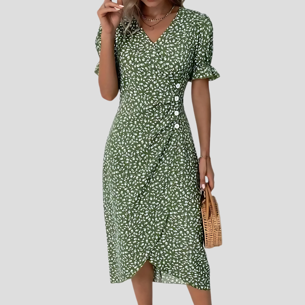 Woman in flowy floral A-line midi dress with button front, V-neck, puff sleeves. Chic and casual summer style.