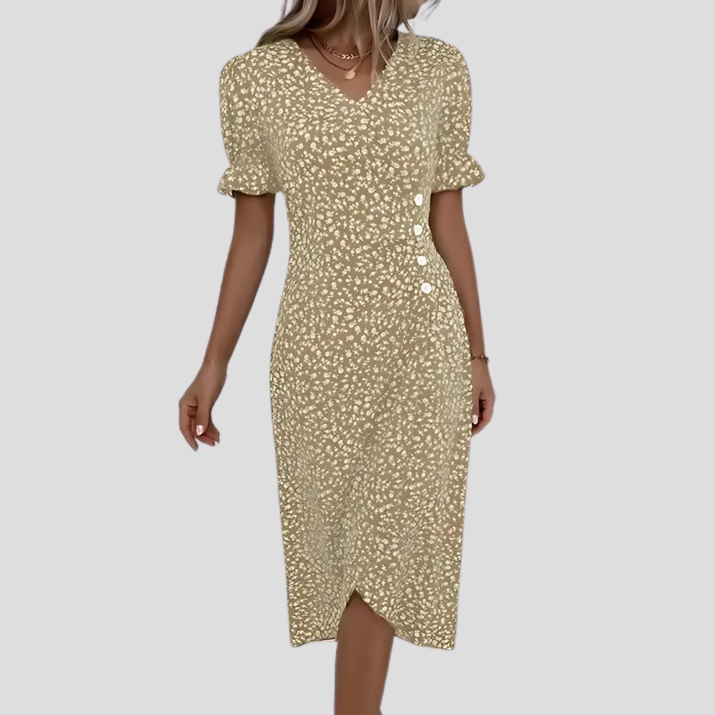Lightweight women's floral midi dress with button front, V-neck, puff sleeves. Comfortable, chic, effortless summer style.