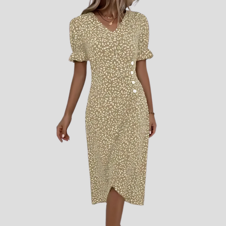 Lightweight women's floral midi dress with button front, V-neck, puff sleeves. Comfortable, chic, effortless summer style.