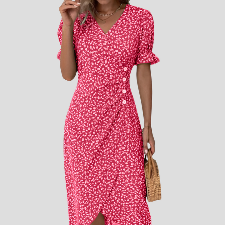 Trendy women's A-line floral midi dress with button front, V-neck, and puff sleeves. Effortless new summer style.
