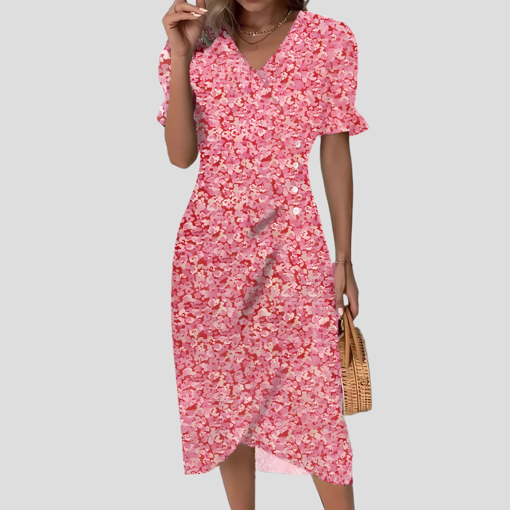 Chic women's floral midi dress with V-neck, puff sleeves & button front. Versatile for casual or elegant summer wear.