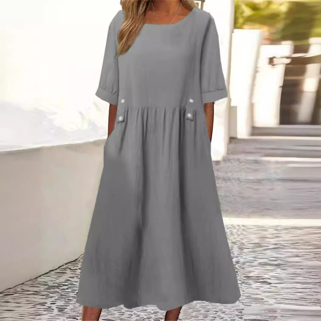 Comfortable women's sleeveless flowy summer dress. Relaxed fit midi style for everyday wear or casual vacation chic.