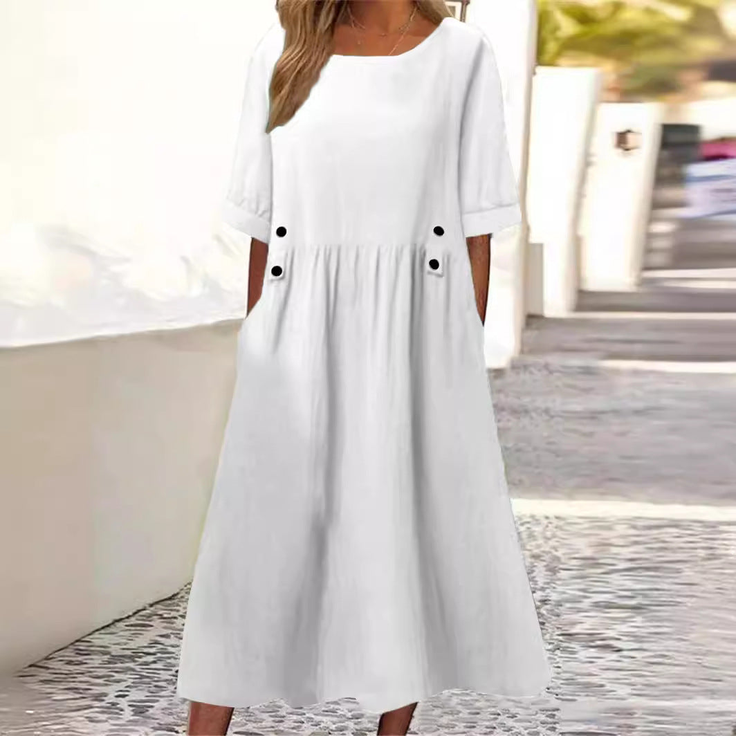 Women's elegant flowy summer midi dress. Sleeveless, relaxed fit, and chic design for comfortable casual vacation wear.
