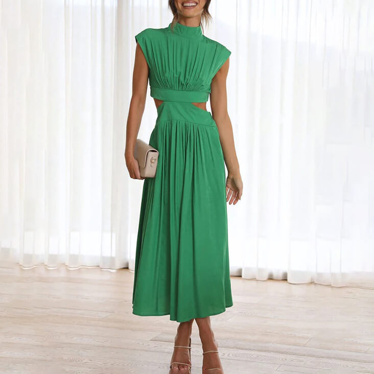 Chic women's high-neck cutout midi dress, perfect for a wedding guest or special occasion.