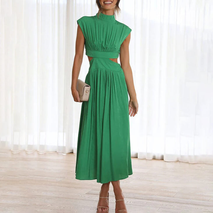 Chic women's high-neck cutout midi dress, perfect for a wedding guest or special occasion.