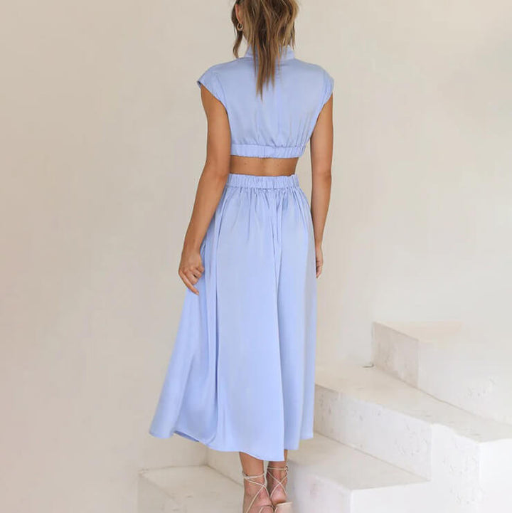 Modern women's high-neck cutout midi dress, elegant choice for wedding guests & special occasions.