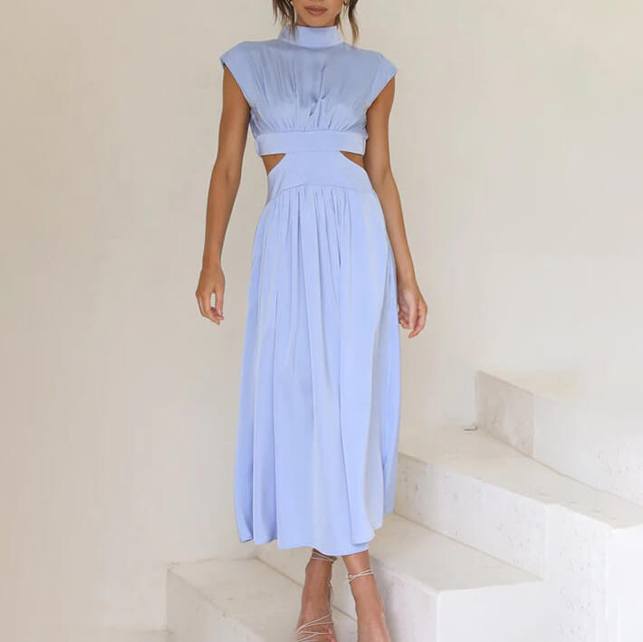 Stylish women's high-neck midi dress with elegant cutout, perfect for a wedding or formal event.