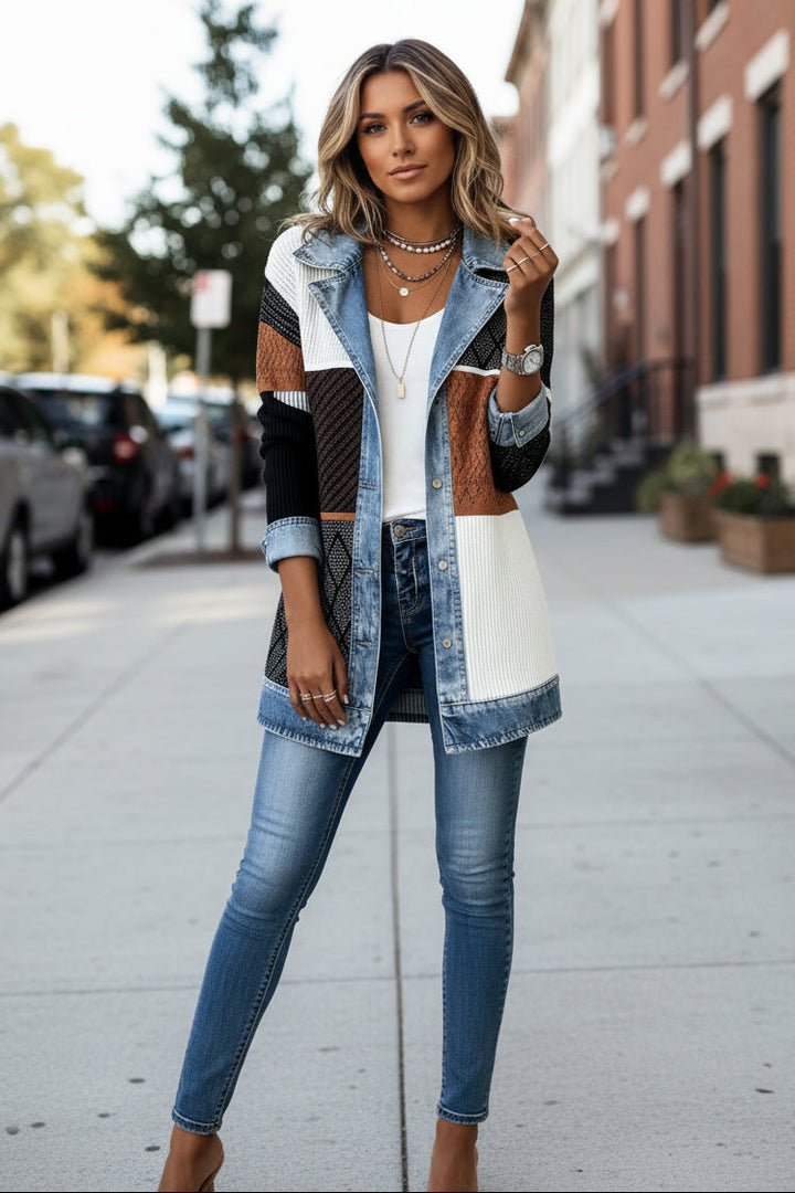 Modern women's chic hybrid jacket, a versatile seasonal coat with unique design.