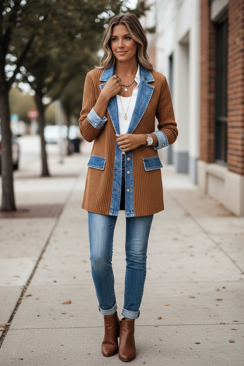Elegant women's hybrid jacket featuring a contrast panel, perfect for transitional layering.