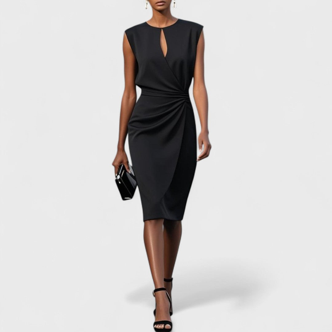 Sophisticated women's midi keyhole dress with flattering ruched bodycon design, ideal for evening parties & special occasions.