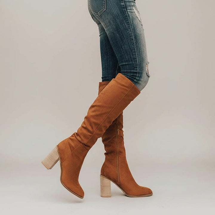 Chic women's knee-high block heel boots with pointed toe for all-day comfort & elegant fall fashion.
