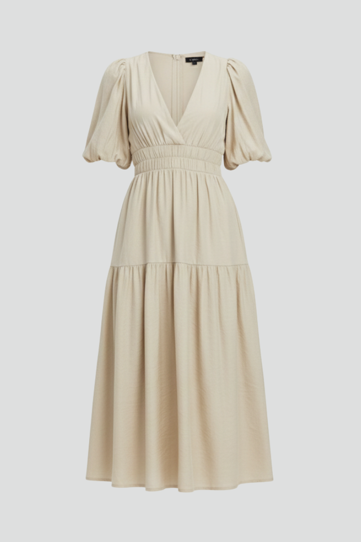 Chic women's midi dress with elegant V-neckline & stylish puff sleeves, perfect for spring occasions.