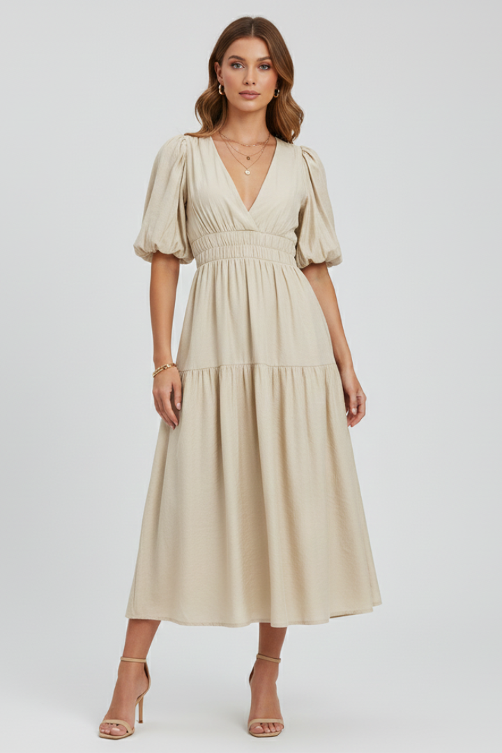 Elegant V-neck midi dress for women, featuring trendy puff sleeves & a flattering gathered waist.