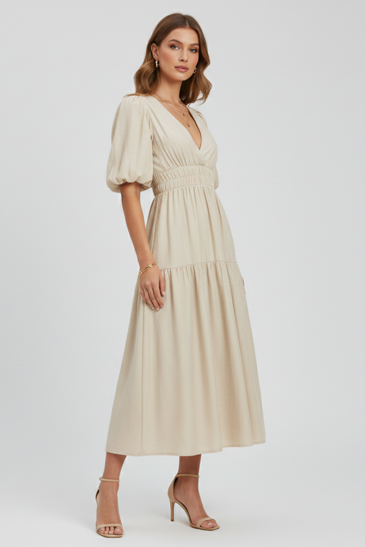 Stylish women's spring midi dress with a sophisticated V-neck, chic puff sleeves & layered skirt.