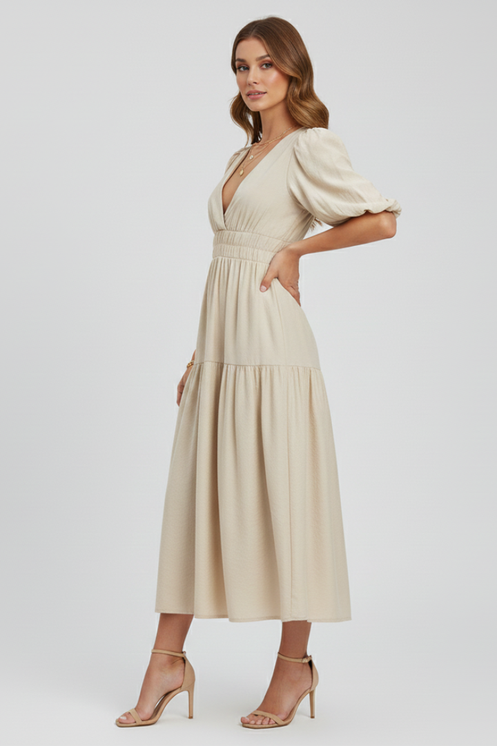 Fashionable summer midi dress, women's V-neck with charming puff sleeves & comfortable gathered waist.