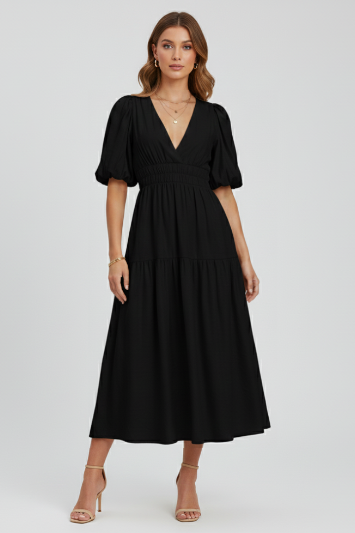 Sophisticated women's midi dress with V-neck, fashionable puff sleeves & a flowy layered skirt.