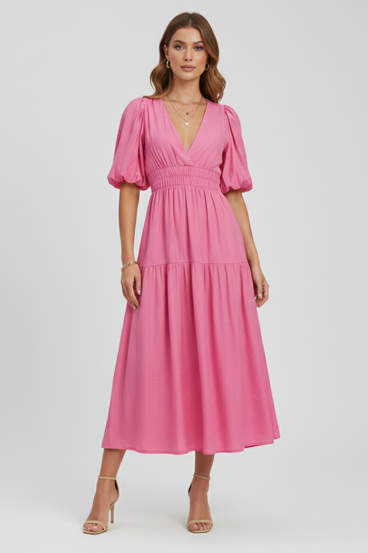 Trendy women's V-neck midi dress, featuring chic puff sleeves & a graceful gathered waist design.