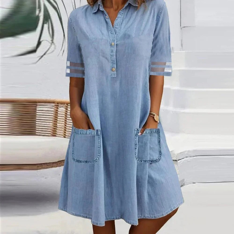 Chic women's mini dress with practical pockets, ideal for stylish everyday comfort and versatile summer outfits.