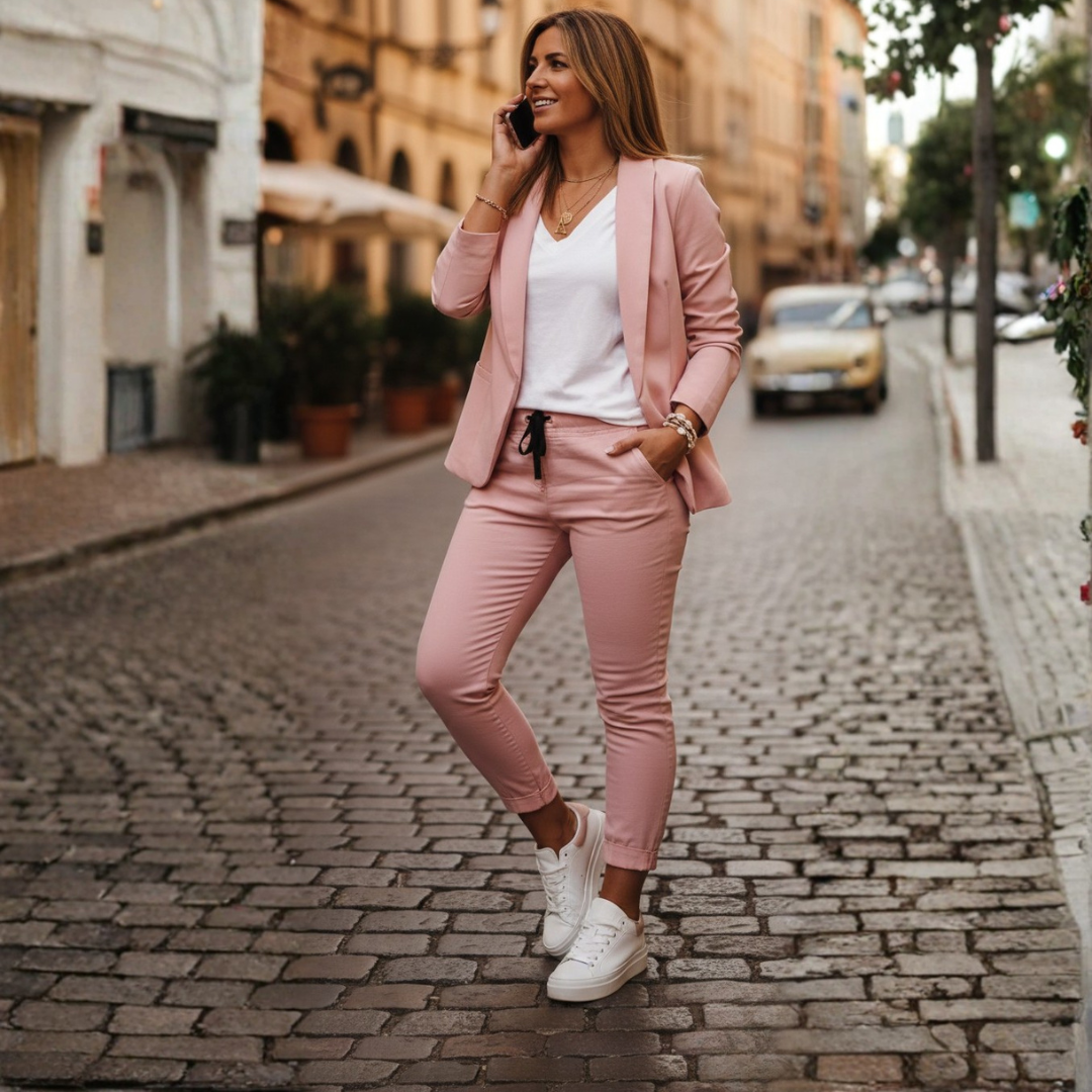 Chic women's open front blazer & jogger set with ruched sleeves. Smart casual two-piece outfit.