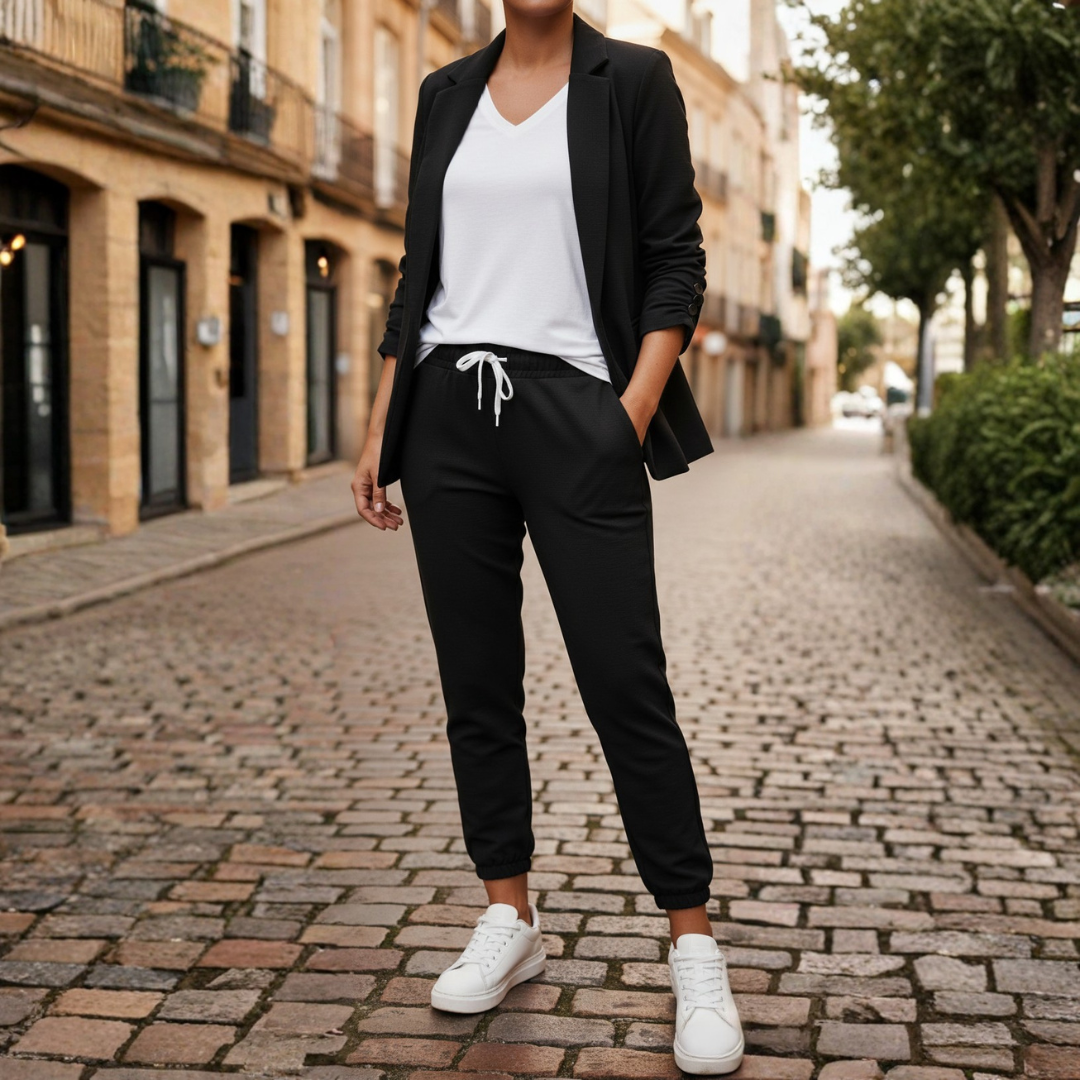 Women's fashion set: comfortable jogger pants paired with a chic open front blazer with ruched sleeves.