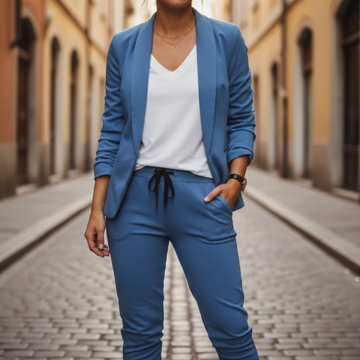 Elegant women's two-piece outfit: open front blazer and matching jogger pants with ruched sleeves.