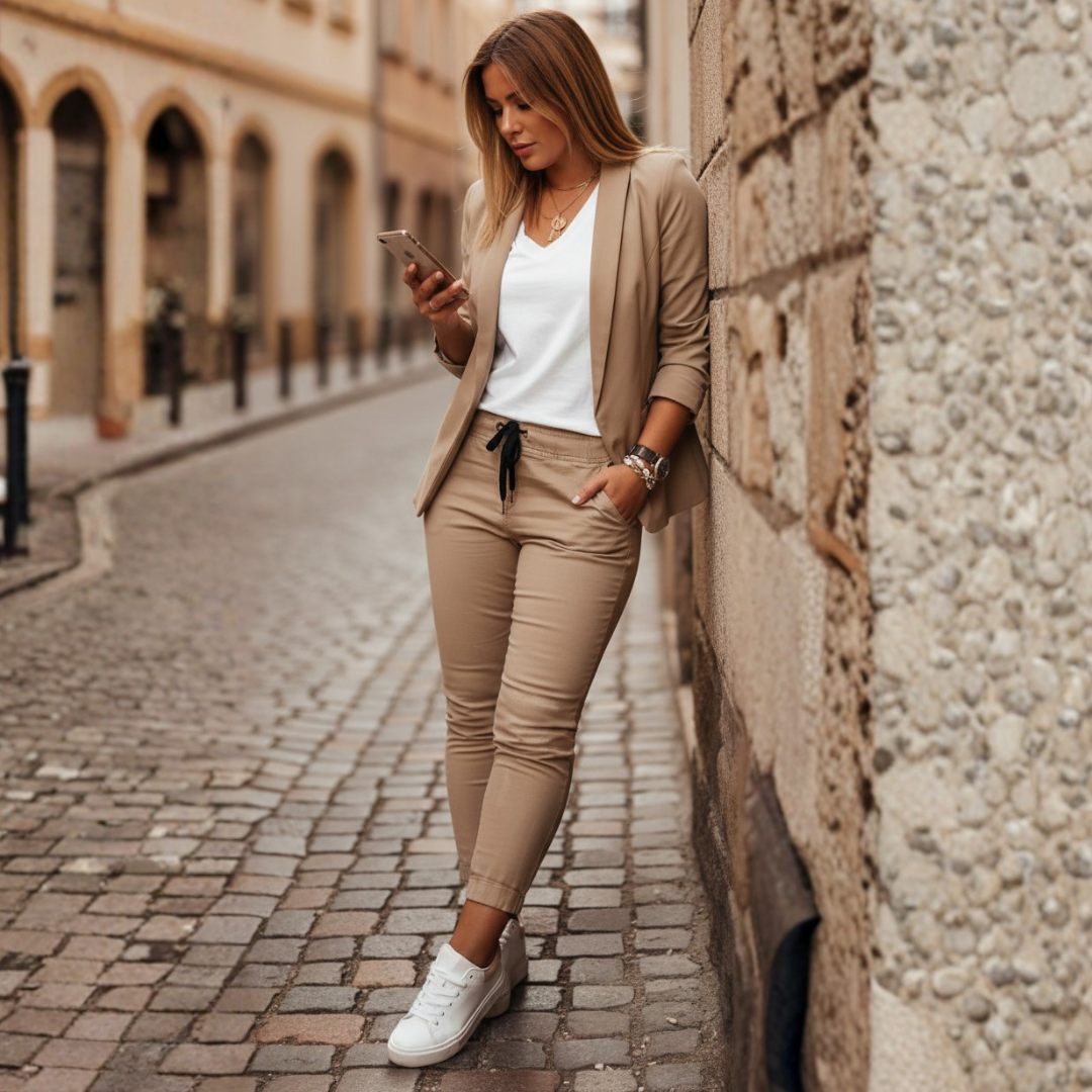 Chic women's blazer & jogger set, versatile for smart casual, work, or comfortable everyday fashion.