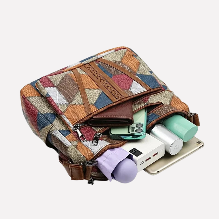 Versatile women's patchwork bag with braided shoulder strap. Can be worn as a crossbody or everyday fashion tote.