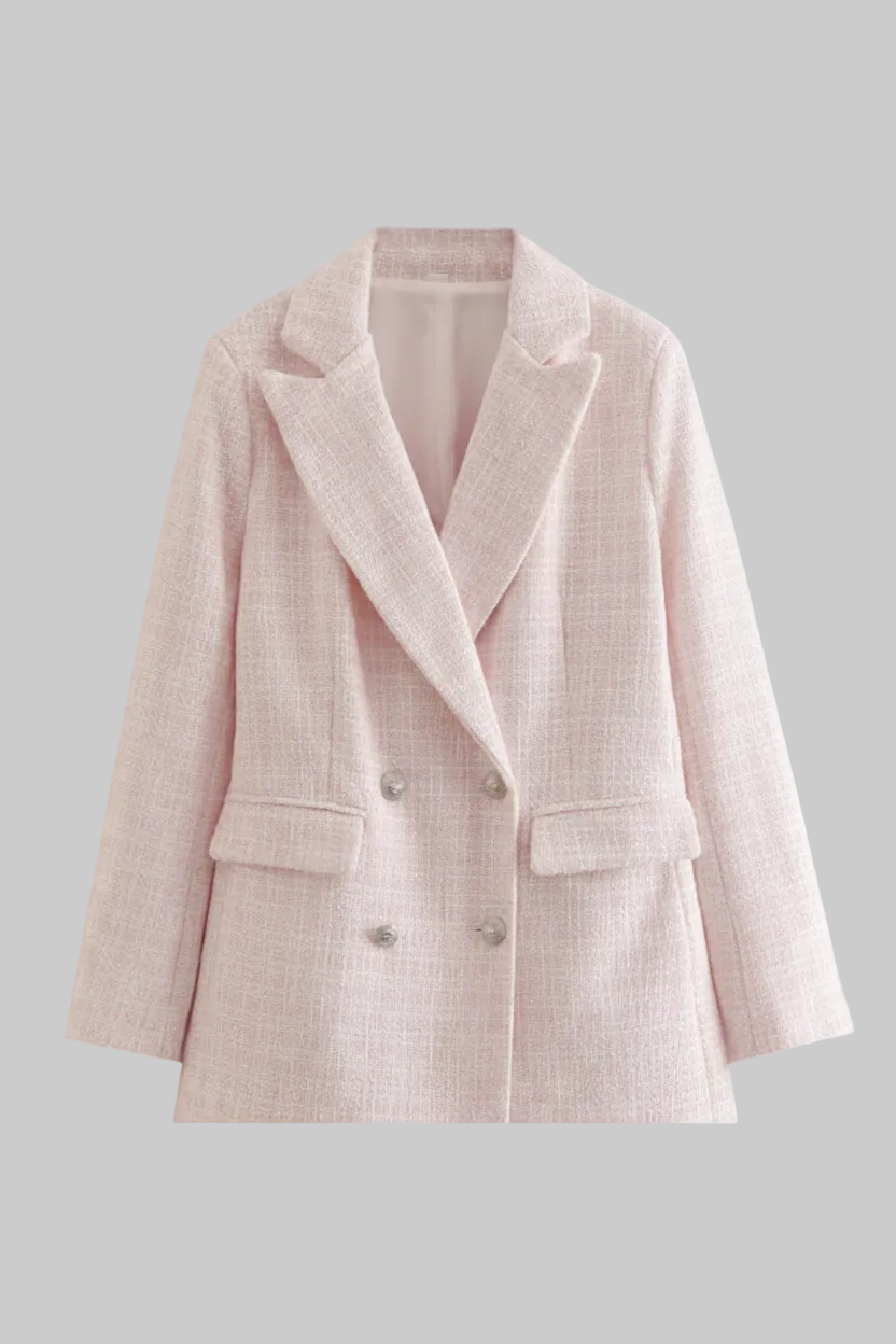 Elegant women's pink blazer, a classic tailored jacket for business attire & versatile fashion. Stylish office.