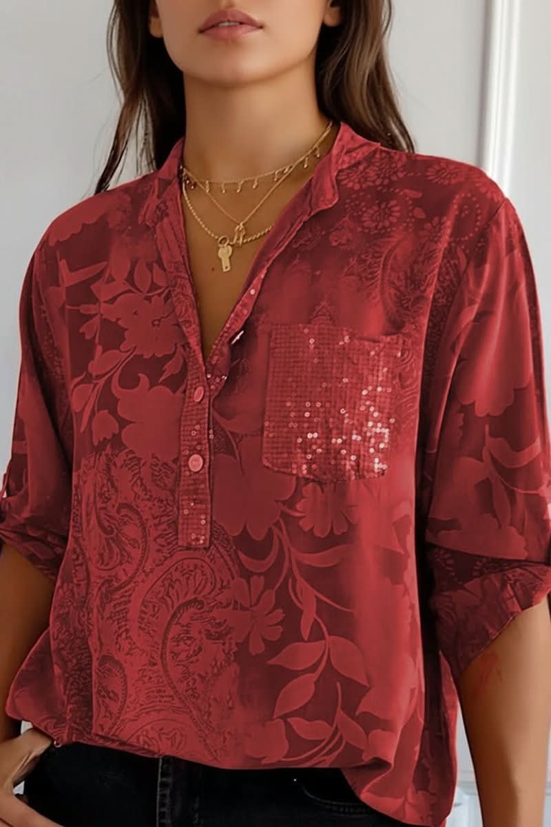 Comfortable women's everyday printed blouse with a front pocket, a versatile long sleeve top for any occasion.