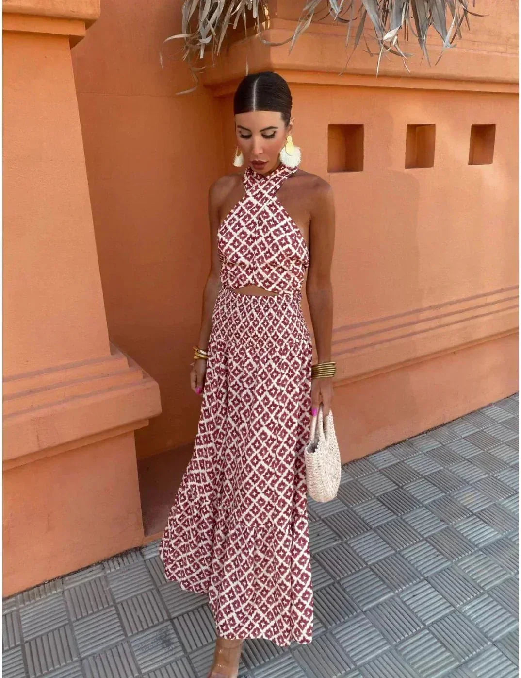 Stunning women's chic printed halter maxi dress, an elegant choice for wedding guests & sophisticated occasions.