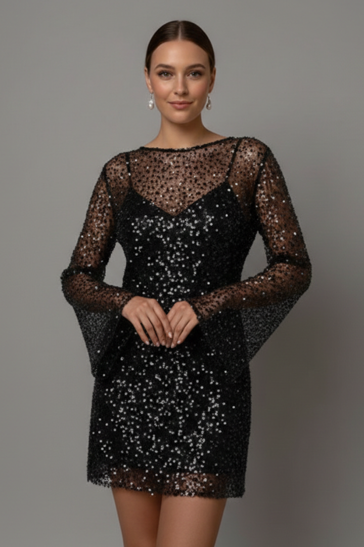 Chic women's sleeveless mini dress with elegant sheer overlay design, versatile for all-season party wear.