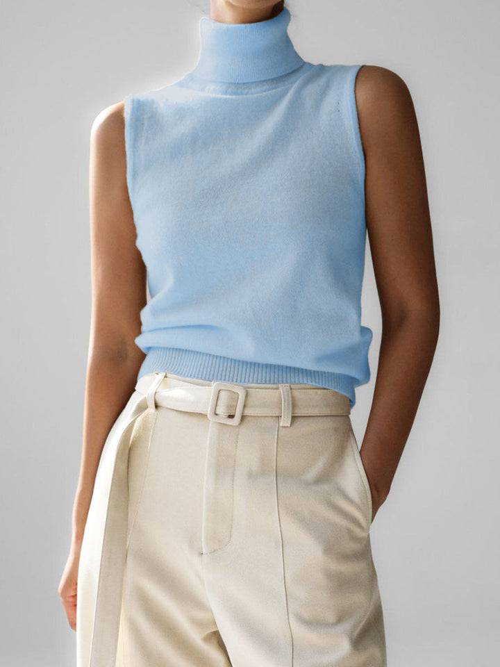 Comfortable women's sleeveless mock neck top, perfect for warm weather or layering under blazers.