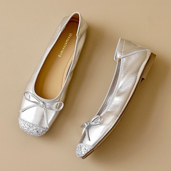 Sparkling glitter women's square toe ballet flats with a chic bow, offering comfort & style for any occasion.