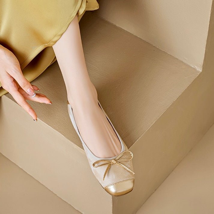 Olive green women's square toe ballet flats with a chic bow, comfortable & versatile for everyday fashion.