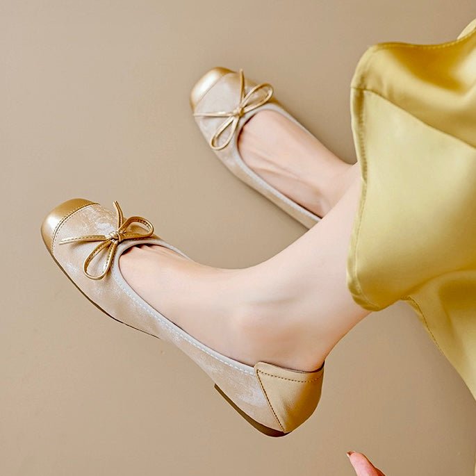 Professional women's square toe ballet flats with a chic bow, offering comfort & style for the office or daily wear.