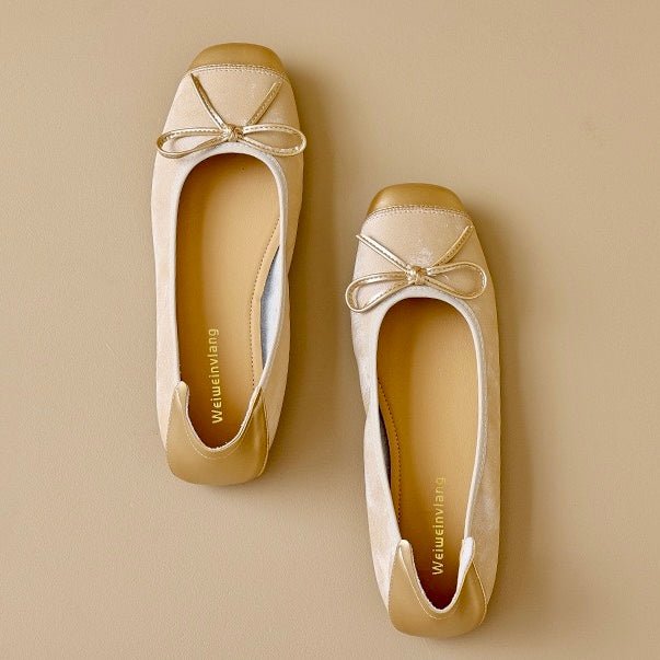 Casual women's square toe ballet flats with an elegant bow, perfect for everyday comfort and chic style.
