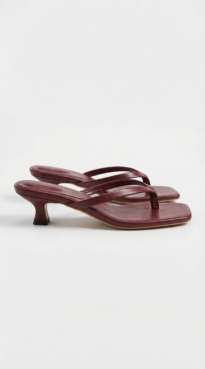 Modern minimalist women's square toe thong kitten heel sandals, perfect for any outfit.