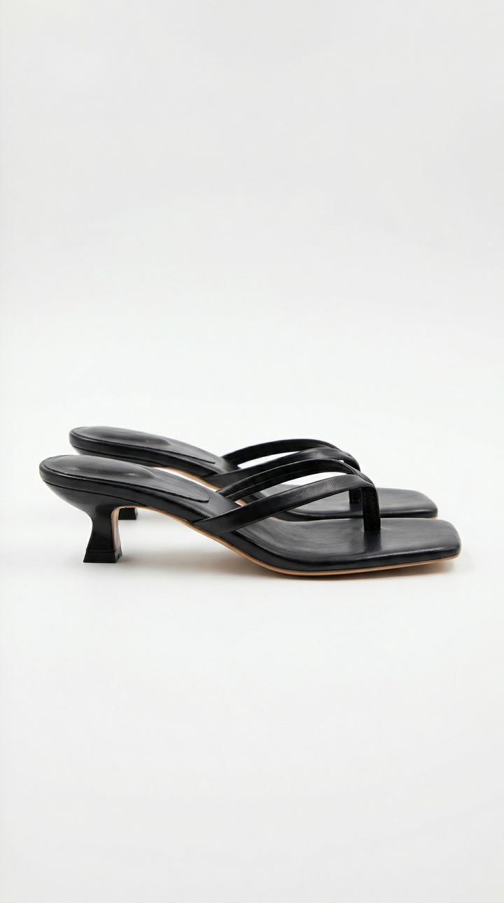 Minimalist women's square toe thong sandals with a comfortable kitten heel.