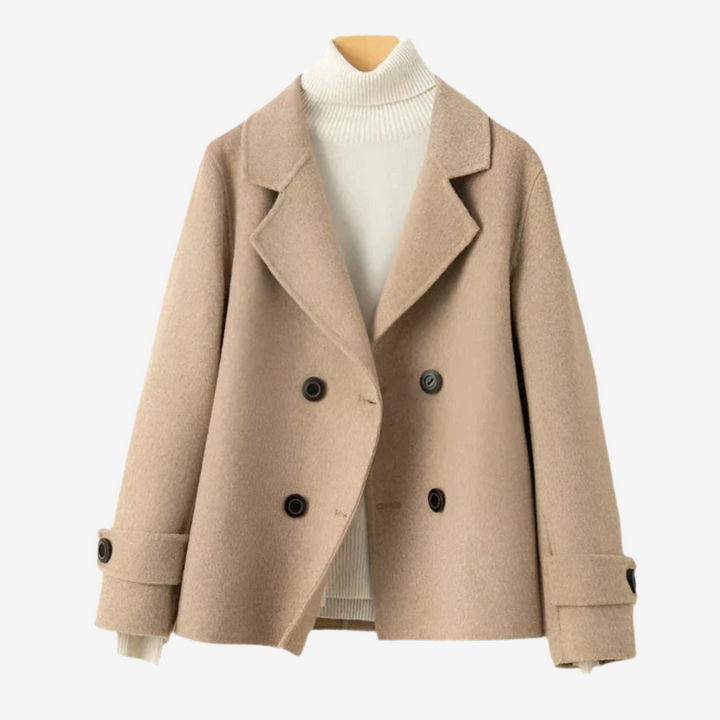 Chic women's tailored blazer in luxurious caramel beige. Perfect for professional office wear & elegant fall fashion.