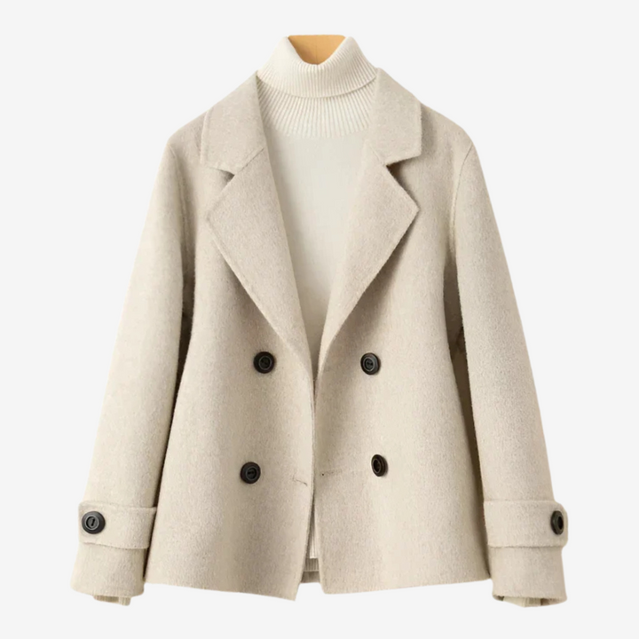 Luxurious women's tailored blazer, chic and professional. Elegant beige brown jacket for office and fall fashion.