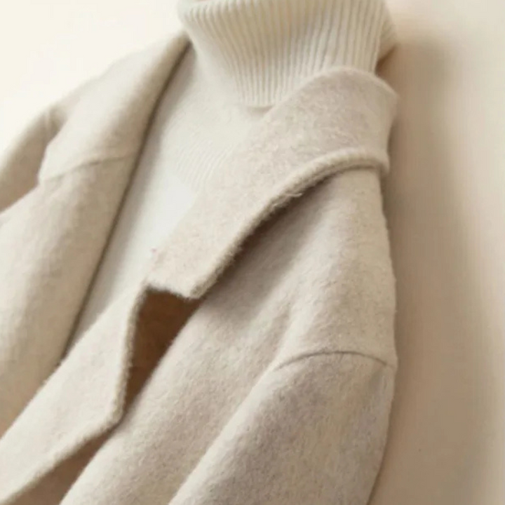 Elegant beige women's tailored blazer with comfortable fit, ideal for fall fashion, office wear, winter layering.