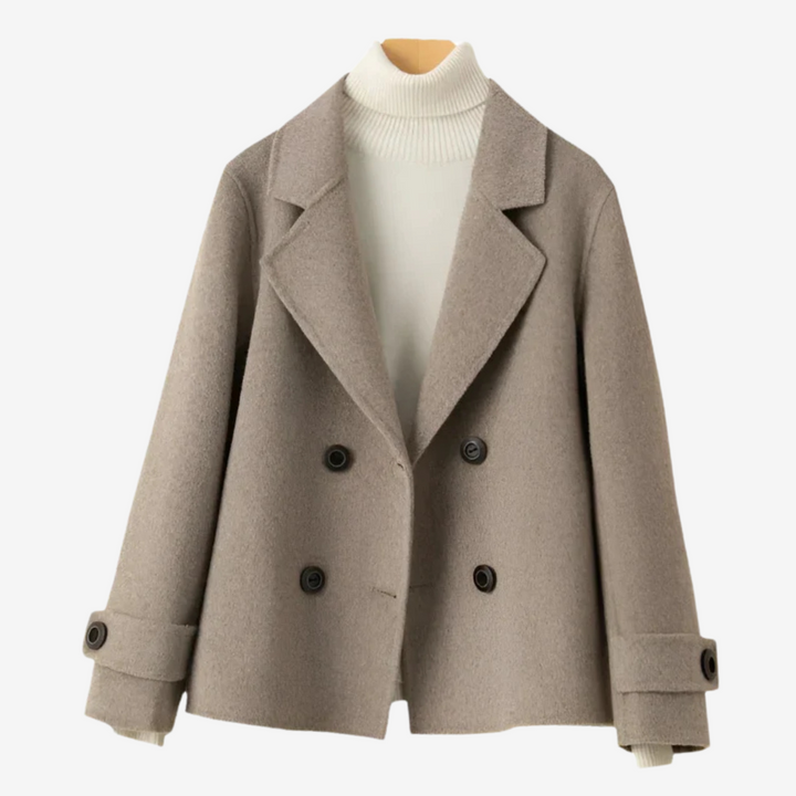 Professional women's tailored blazer, chic caramel beige jacket. Versatile & luxurious for office & elegant fall/winter style.