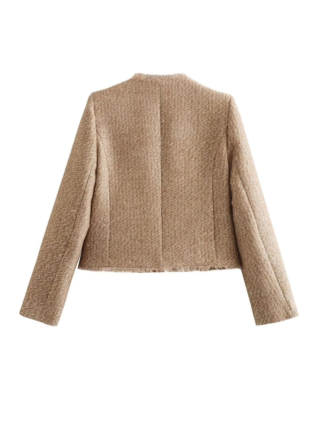 Sophisticated women's tailored jacket, cropped style with chic fringe, for elegant fashion.