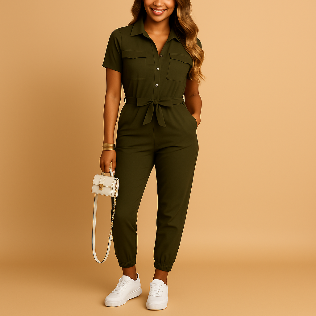 Chic women's tailored jumpsuit with button detail, perfect for elegant office wear or versatile evening events.