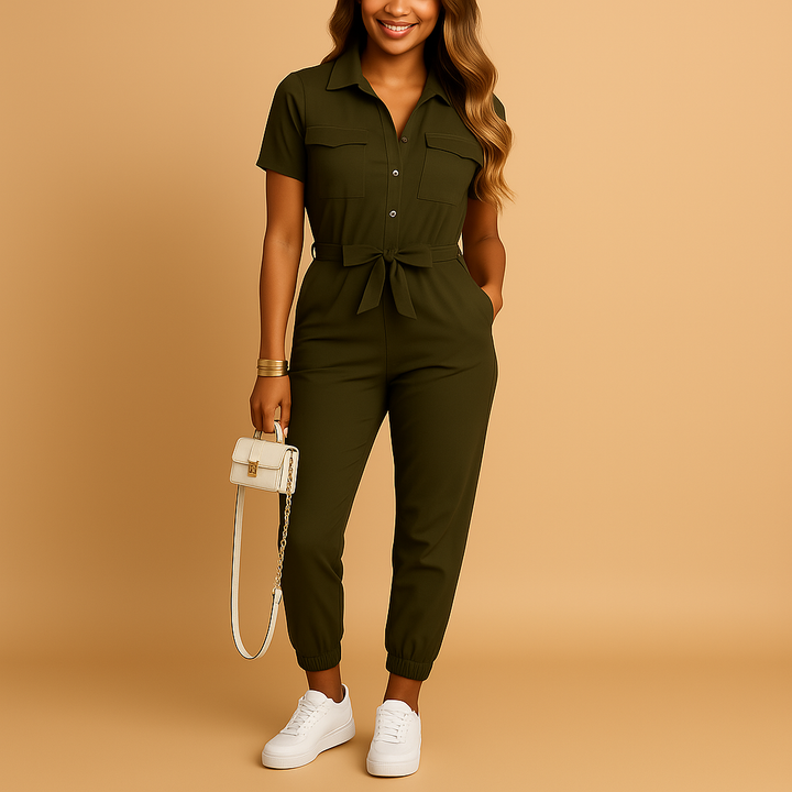 Chic women's tailored jumpsuit with button detail, perfect for elegant office wear or versatile evening events.