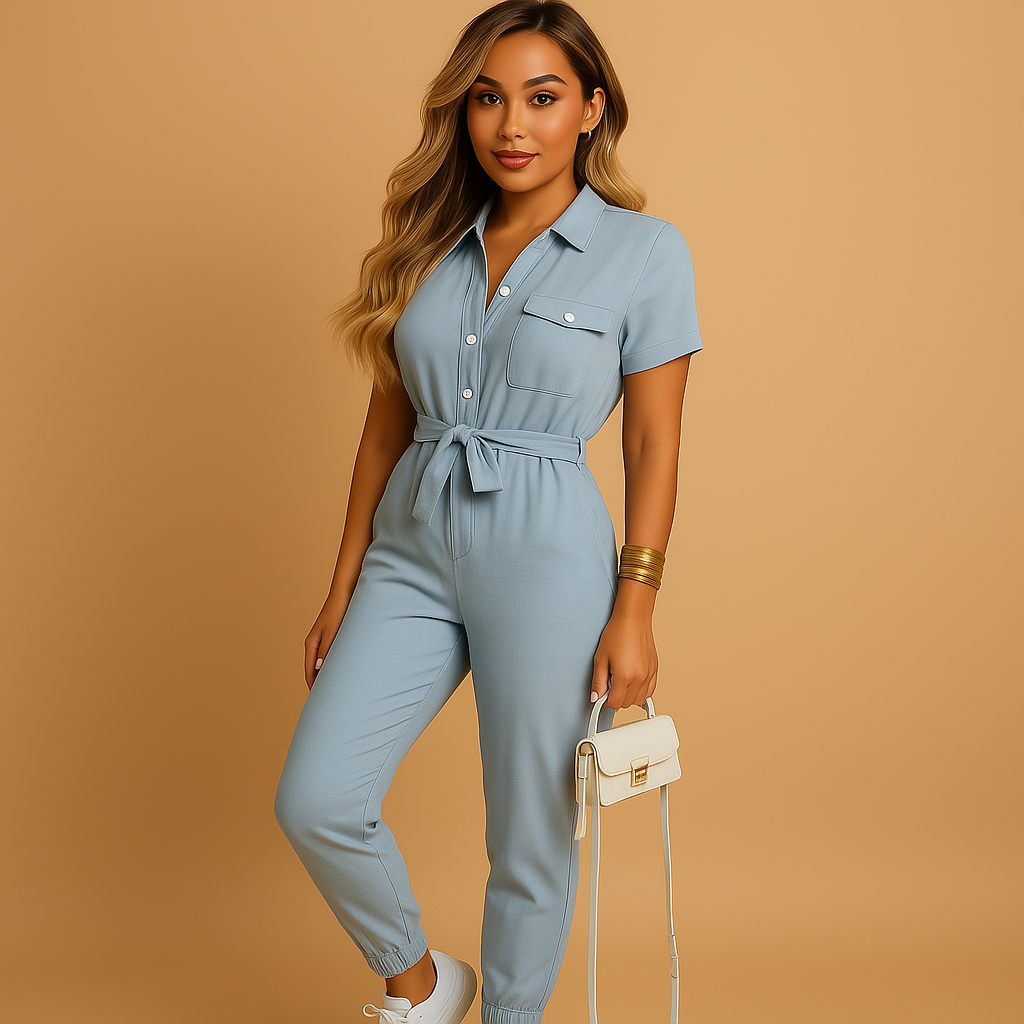 Full-length view of a women's tailored wide-leg jumpsuit, designed for effortless style and modern comfort.
