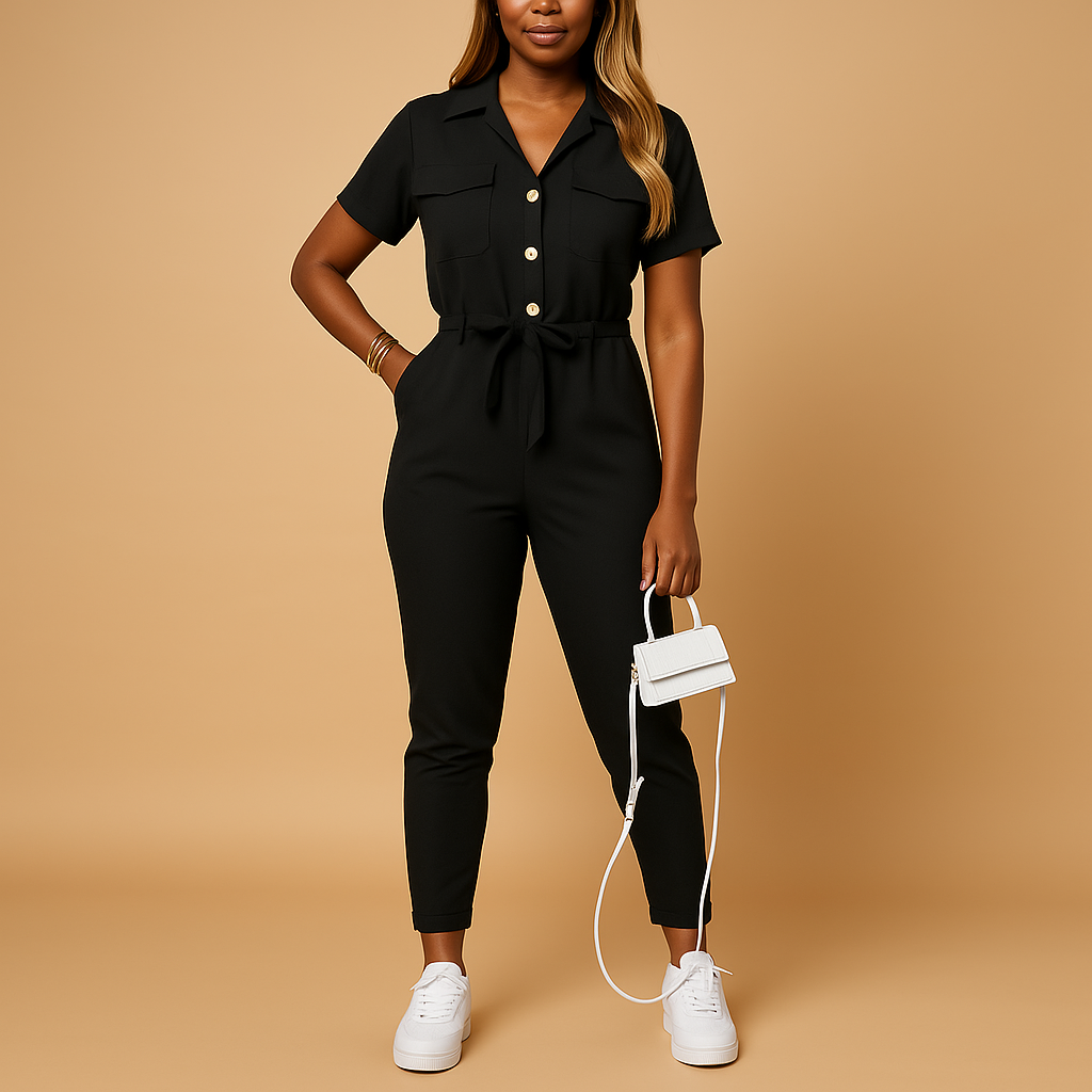 Professional women's tailored jumpsuit styled for the office, showcasing its sophisticated and smart design.